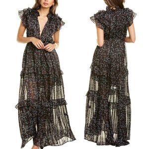 Sabina‎ Musayev Dress Gwen Maxi Flutter Sleeve Black Dotted Maxi Size M